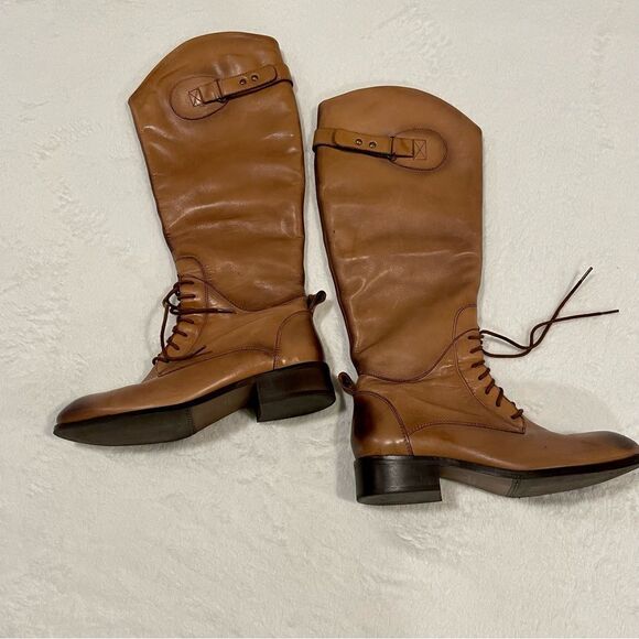 CATHY JEAN BROWN VINTAGE LOOKING KNEE HIGH LEATHER WOMENS BOOTS WITH TIE AND ZIP - Picture 10 of 10